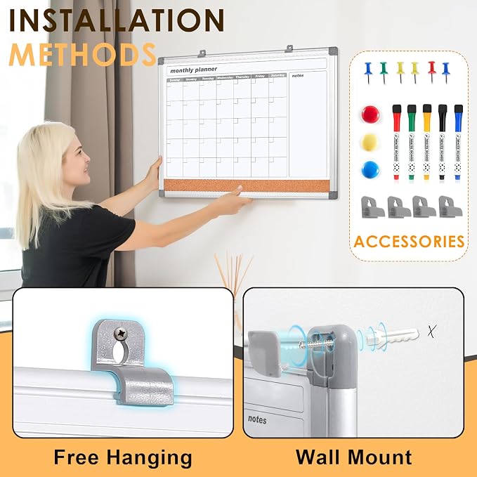 MAKELLO Dry Erase Calendar for Wall 24" x 18", Whiteboard Calendard with Cork Board for Office, Home, School, Family, Kitchen and Bedroom