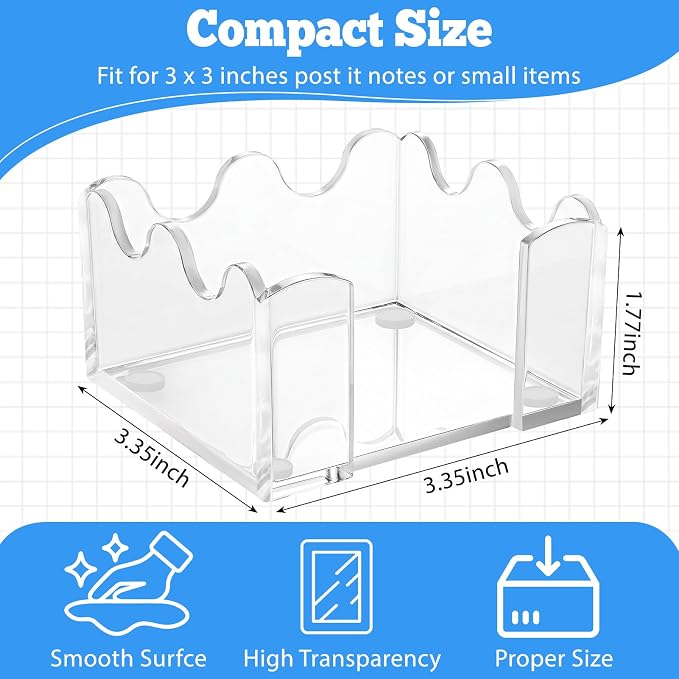 Acrylic Sticky Note Holder, 3x3 Crystal Clear Sticky Note Dispenser with Anti-Slip Base Cute Post It Note Holder Notepad Holder for Office Desk, Home Organizer
