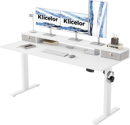 Klicelor 63 x24 Inch Electric Standing Desk with Drawers, Adjustable Height Small Sit Stand Desk for Home Office, Compact Computer Workstation with Storage– White