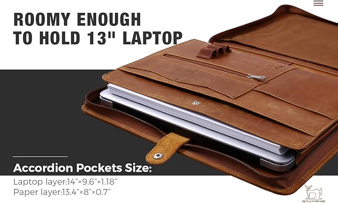 Genuine Leather Business Portfolio Padfolio Folder with Zipper for Men, Men's Leather Padfolio Folder for 13" Laptop, Business Portfolio for Letter Size Notepad, Graduation Gift，Brown