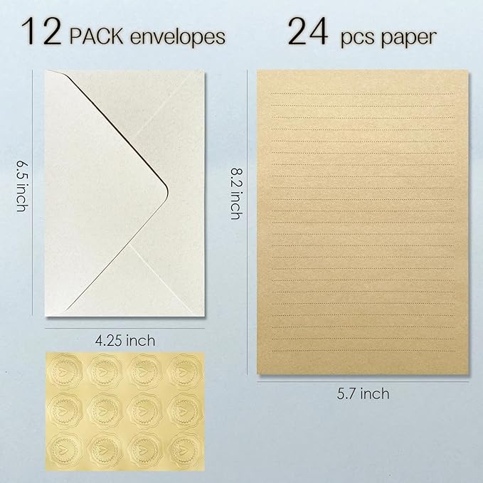 Tuhangcc Premium Velvet-Touch Stationery Set Unique Design with 24 Writing Sheets, 12 Envelopes (4x6) & 12 Gold Stickers - Elegant Writing Kit for Love Letters & Party Invitations(Ivory White Sticker)