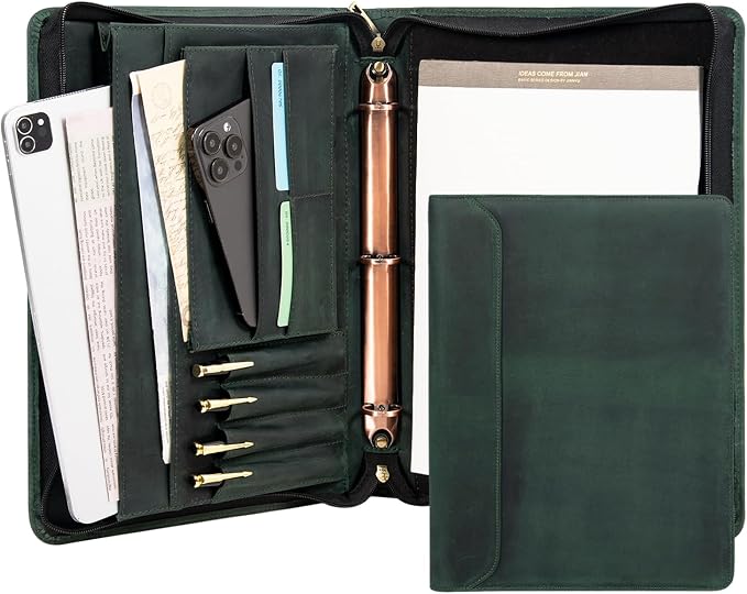 AZXCG Genuine Leather Portfolio Binder for Men& Women,Portfolio Organizer with Zipper,Leather 3 Ring Binder for iPad Pro 12.9,Business Portfolio for Men,Gift for Father's Day
