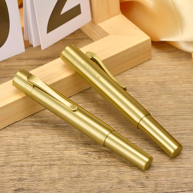 HONG DIAN M2 Mini Brass Fountain Pen with Extra Fine Soft Golden Nib, Sleek Shape Short Pocket Travel Pen (Glossy Brass)