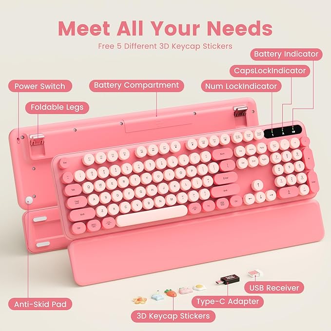 Wireless Keyboard, Round Keycaps, Retro Typewriter Keyboard with Detachable Wrist Rest, Sleep Mode, Foldable Legs, 2.4GHz Full-Size Cordless Computer Keyboard for Windows/PC/Laptop (Pale Pink Colors)