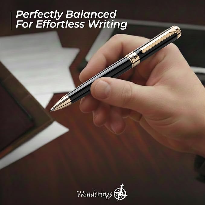 WANDERINGS Premium Ballpoint Pen with German Ink – Perfectly Balanced Executive Pen with 24K Gold Plated – Piano Black - Includes a Schmidt Refill in a Giftable Presentation Case for Men or Women