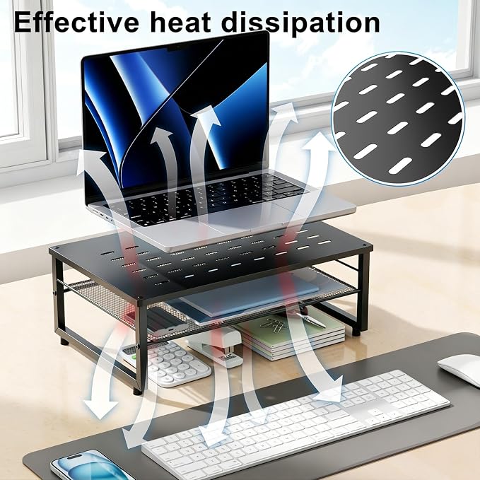 gianotter Desk Organizers and Accessories, 2-Tier Metal Monitor Stand Riser, Desk Organizer for Monitor, Office Desk Storage Organizer for Office Supplies (Black)