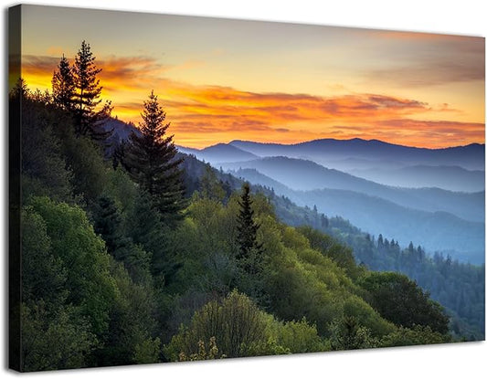 Nature Mountain Wall Art Foggy Forest Landscape Wall Decor for Living Room Sunset Blue Ridge National Park Poster Tennessee Misty Pine Tree Scenic Painting Artwork Office Kitchen Home Decoration 16x24