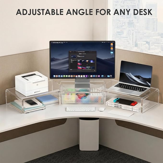OPNICE Clear Acrylic Desk Organizers and Accessories, Dual Monitor Stand Riser with Drawer, Desk Shelf Computer Racks for Office Workspace Organizers, Desktop Organization (Transparent)