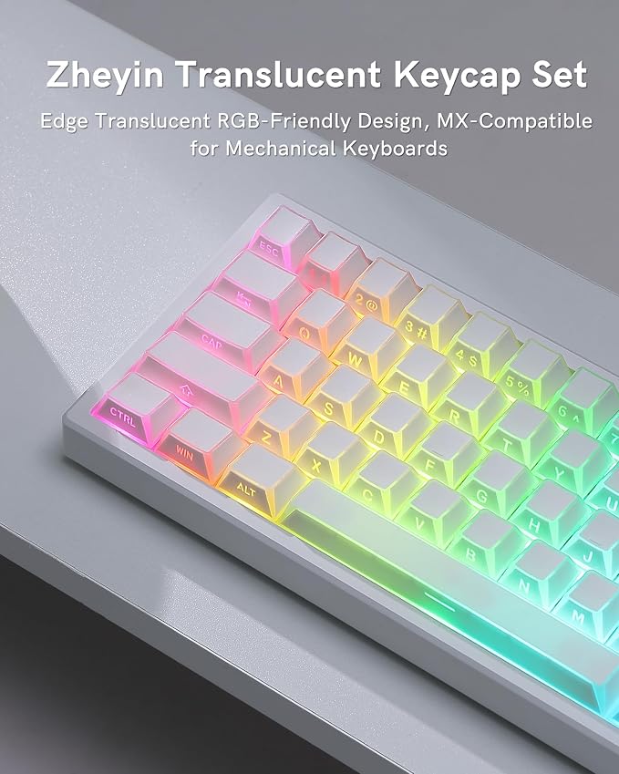 Keymatic Keycaps- Cherry Profile Keycap, Clear White Key Cap,Side Engraved Clear Edge Backlit Custom 60 65 75 100 Percent for Cherry MX, Outemu, Gateron Mechanical Keyboards