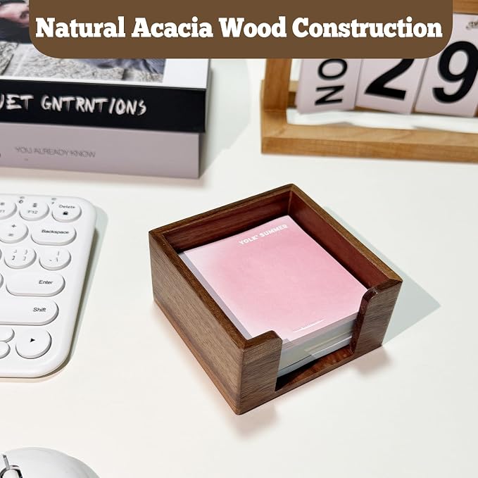 Wood Sticky Note Holder, 3x3 Crystal Clear Notepad Holder with Anti-Slip Base Post It Note Holder Sticky Note, Dispenser for Office Desk, Home Organizer