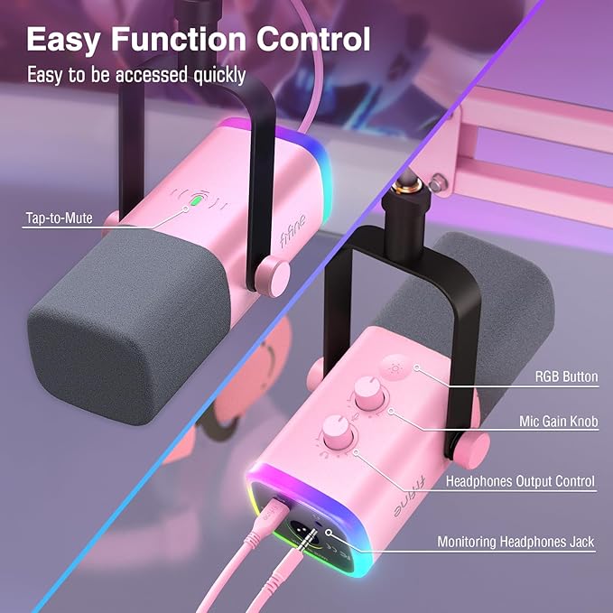 FIFINE XLR Gaming Microphone USB, PC Dynamic Microphone Kit for Vocal, Recording, Podcast, Streaming RGB Mic with Headphone Jack, Mute Button, Boom Arm Stand for Computer/Mixer-AmpliGame AM8T Pink