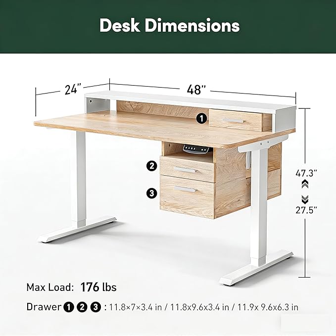CubiCubi Standing Desk with Wood Drawers, 48" x 24" Electric Height Adjustable Table with Monitor Shelf, 3 Drawers and Open Storage, Computer Home Office Sit and Stand up Workstation, Maple