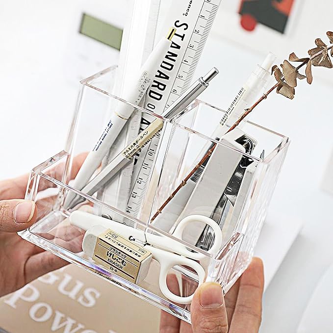 MUAMAX Minimalist Clear Acrylic Desk Organizer, 3-Compartment Pen Pencil Holder, Office Desk Supplies, Makeup Brush Holder, Transparent