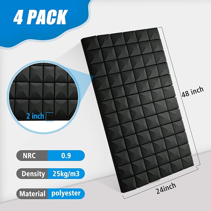4 Pack Acoustic Foam Panels, 2" x 24" x 48" Sound Proof Foam Panles | High Density Fireproof Sound Proof Wall Tiles, Noise Dampening & Echo Reduction for Recording Studio & Home Office, Black