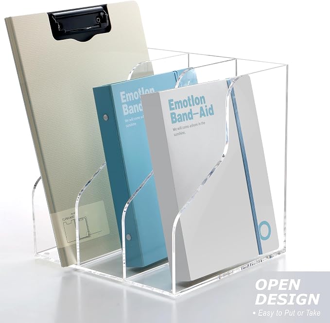 SANRUI 3 Slots Acrylic Magazine Holder, Desktop File Sorter Organizer Rack Bookshelf, Workspace Sorters Office Desk Accessories Organization Storage Stand, Clear