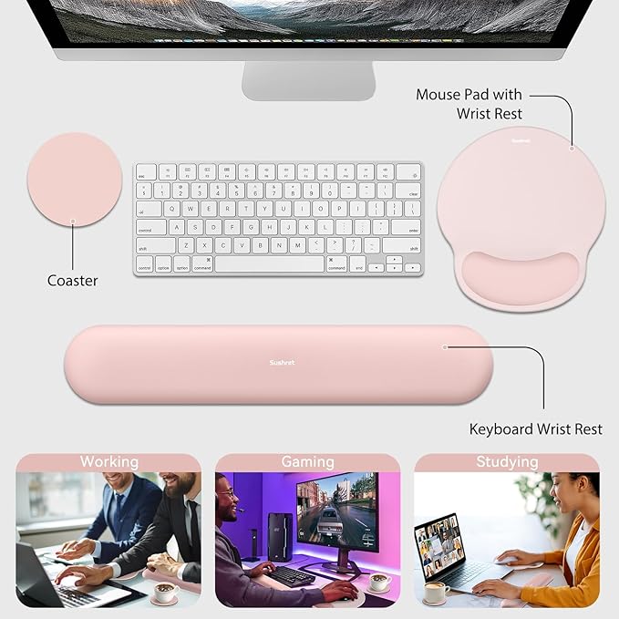 Mouse Pad and Keyboard Wrist Rest, 3-in-1 Gel Memory Foam Ergonomic Mouse Pad with Wrist Rest Set, Gaming Mousepad Arm Cushion Support for Computer Office Desk Accessories Cute Setup, Pink