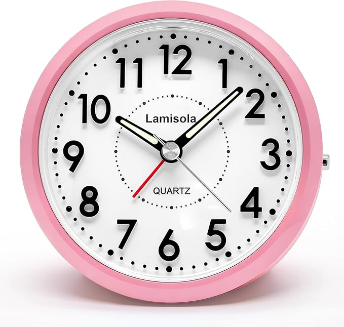 Lamisola 4 Inch Alarm Clock for Bedrooms, Small Analog Desk Clock, Pink | Battery Operated Bedside Clock for Bedroom Bathroom Home Nightstand Shelf, Night Light Snooze, Minimalist Clocks for Seniors
