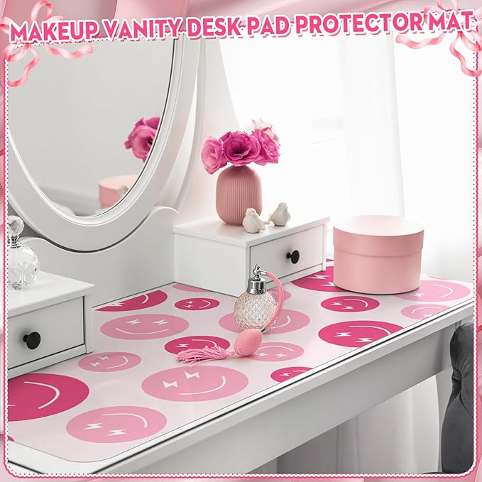 Smile Face Makeup Vanity Mat Leather Desk Pad Protector Cute Pink Mouse Mat Office Desk Dual-Sided Dressing Waterproof Writing Pad for Desktop Office and Home