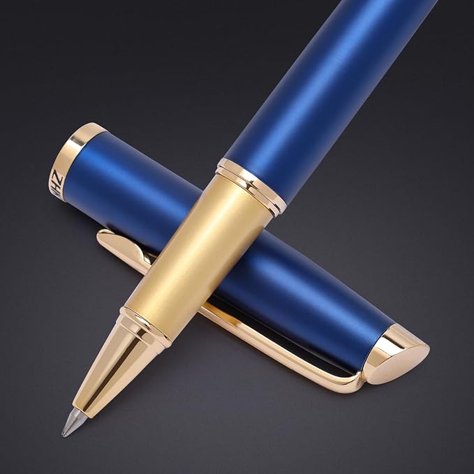 ZHKUVE Luxury Rollerball Pen, Stunning Blue Lacquer with 24K Gold Trim, Switzerland Tip with Black Ink Refills, Elegant Gift Set for Men & Women, Executive Writing