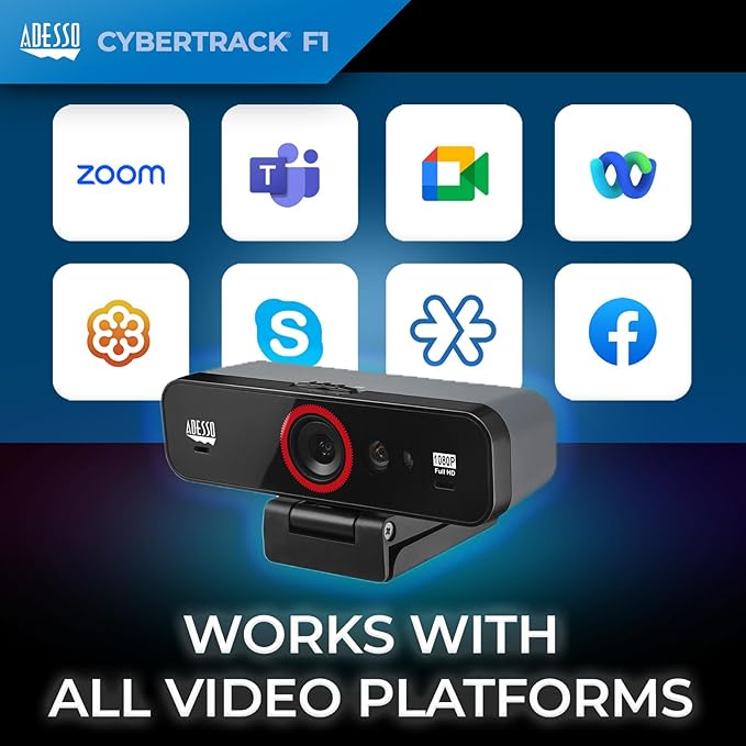 Adesso CyberTrack F1 1080P HD Fixed Focus USB Windows Hello Webcam, Camera for Desktop PC Built-in Dual Microphone, Privacy Shutter, Audio/Video Mode Privacy ON/Off Switch & Tripod Mount