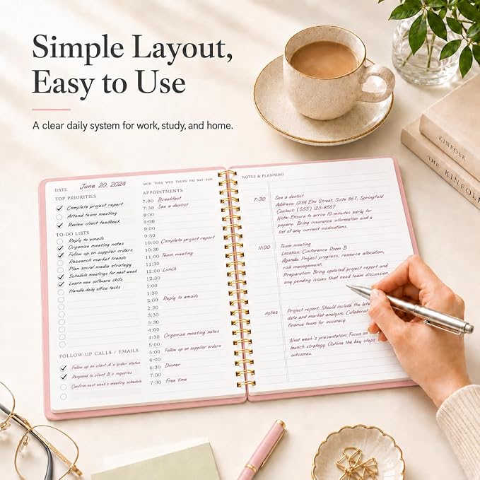 Daily Planner with Hourly Schedules - Undated To Do List Notebook, Spiral Bound, 5.5" x 8.5", Manage Your Tasks and Appointments, The Perfect Office Supplies for Women - Pink