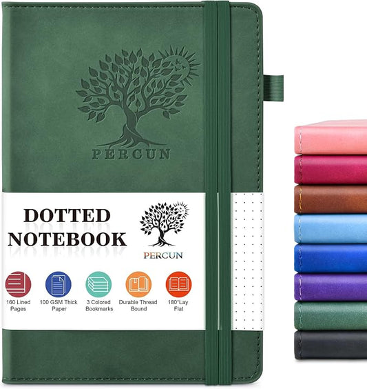 PERCUN Dotted Journal Notebook for Men & Women, 160 Pages Dot Grid notebook, A5 Hardcover Leather Bullet Journaling for Writing, Work, School, Travel, Daily Diary 5.9" x 8.5" (Green)