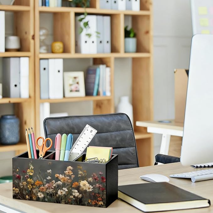 Vintage Floral Pen Pencil Holder for Desk, Moody Cottagecore Botanical Flower Wooden Box Sign Organizer for Home Room Office Bedroom Desk Accessories Tabletop Decorations