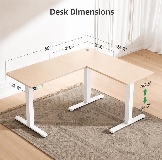Claiks L-Shaped Electric Standing Desk with Dual Motors, 59 Inch Natural | 51.2" Extension Table, 28.3" To 46.5" Height Range, 176 Lbs Capacity, Memory Presets, Home Office Or Gaming