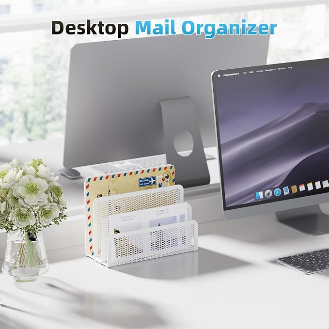 Marbrasse Mail Organizer for Desk, 3-Slot Mesh Metal Mail Holder countertop, Letter Holder, Office Desktop Envelope and Document Storage Rack (White)