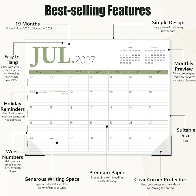 GuassLee Desk Calendar 2026, 19-Month Academic Hanging Desk/Wall Calendar From 2026 Jun-2027 Dec, 14" X 11" Monthly Planner with Thick Paper For Office Home School Desk Organizing