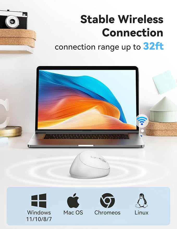 TECKNET Ergonomic Wireless Mouse 2.4G Vertical Mouse Silent 4800 DPI | 5 Adjustable DPI Levels, 6 Buttons, Compatible with Laptop, PC, Chromebook, Mac - Light White