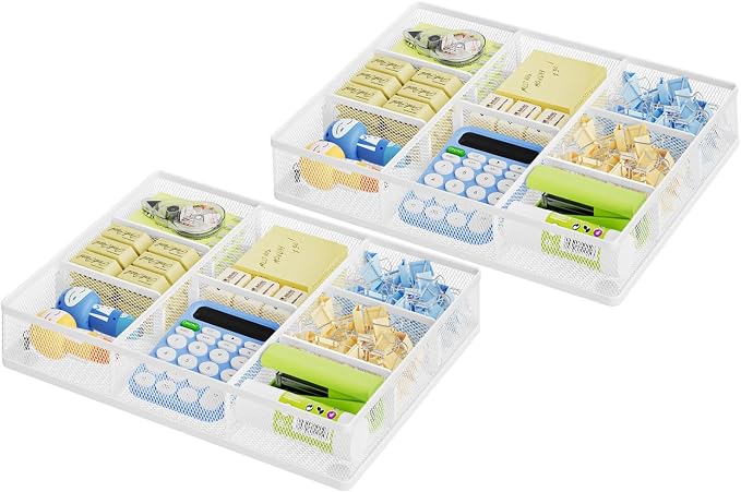 Marbrasse 2P Desk Drawer Organizer, Metal Mesh Drawer Organizer Tray with 5 Adjustable Compartments,Desk Organizers and Accessories for Home,Office,Kitchen,Makeup,Vanity (White)