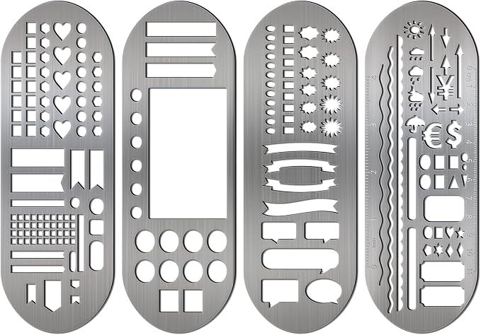 Chinco 4 Pieces Stencils Metal Journal Template 7.9 x 2.4 Inches Bookmark Ruler School Supplies Stainless Steel Stencils Set for DIY, Engraving, Painting, Scrapbooking(Classic Style)