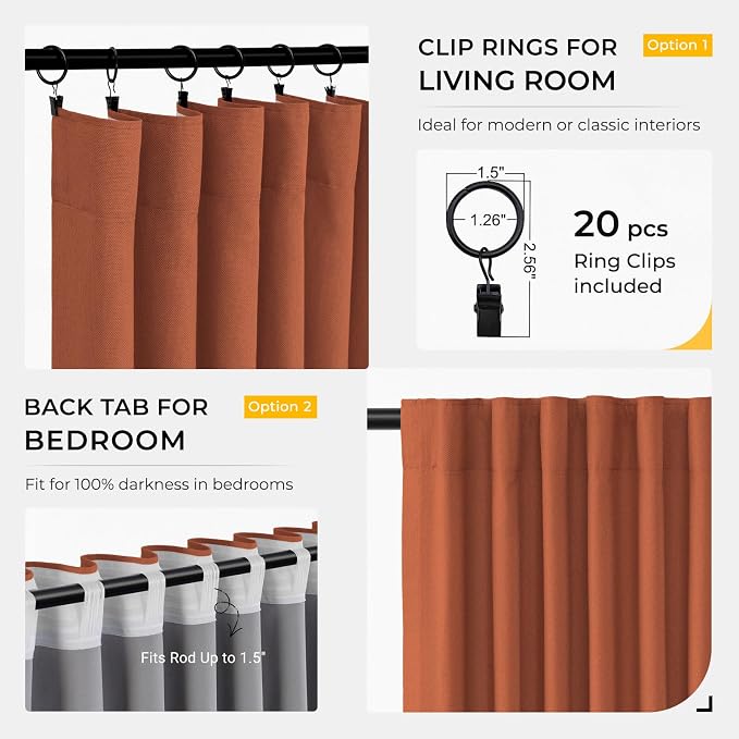 INOVADAY 100% Blackout Curtains for Bedroom, Black Out Curtains 96 Inch Long, Clip Rings Linen Blackout Drapes, Thermal Insulated Room Darkening for Living Room, 2 Panels - Orange,W50xL96