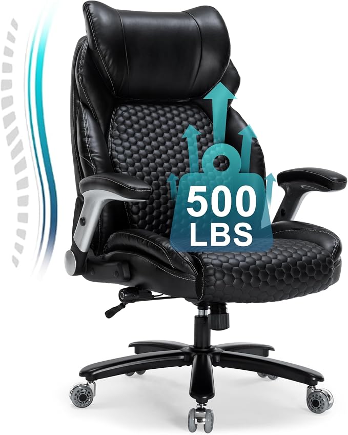 Big and Tall Office Chair, Heavy Duty Office Chair-500lbs Ergonomic Home Office Desk Chair with Adjustable Headrest and Flip-up Armrests High Back Swivel Task Chair with Deluxe Designed Leather