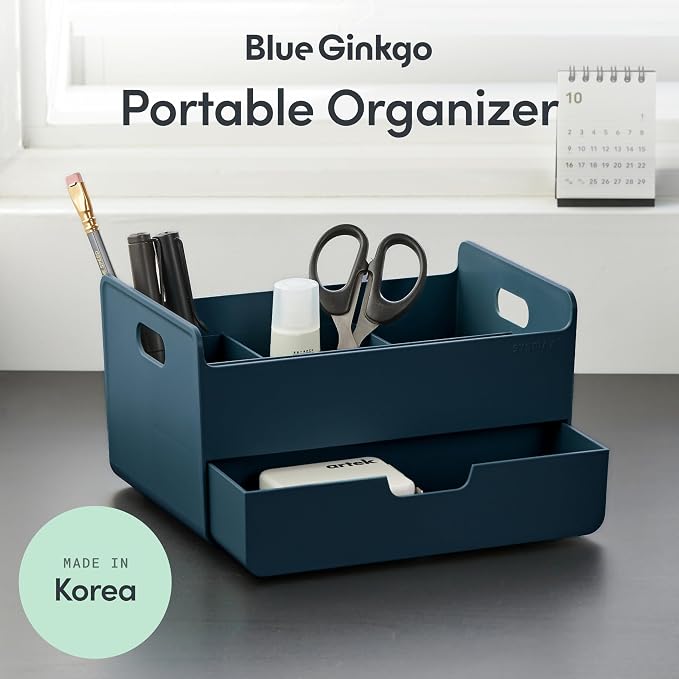 BLUE GINKGO Portable Desk Organizer, Blue, Made in Korea | 3 Compartments. Half Drawer. Everyday Storage.