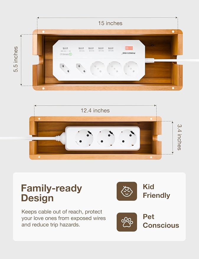 TIDITA Set 2 Sizes Wooden Cable Management Box Round Edge, Magnetic Lid | Large & Small Size, Cable Slots, Magnetic Lid, Non-Skid Pads, Solid Acacia Wood, Wooden Power Strip Box, Surge Protector Box
