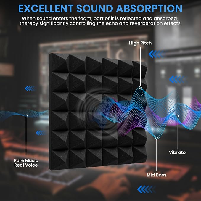 Focusound 26 Pack Sound Proof Foam Panels for Walls, 12" X 12" X 2" Pyramid Acoustic Foam Panels, High Density Noise Reduction Soundproof Panels for Studio Game Room with 150PCS Double-Side Adhesive