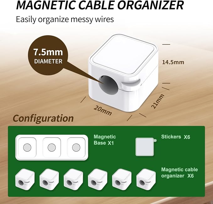 Magnetic Cable Organizer for Desk – Upgraded Wire Clips with Adhesive Base – Desktop Cord Holder for USB, Charging Cables – 6 Clips + 1 Magnetic Base (White)