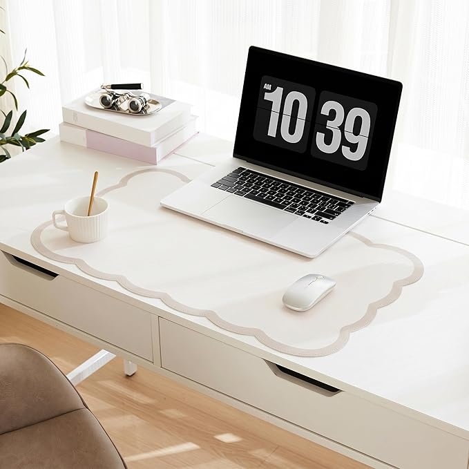 Scalloped Desk Mat, 23.6" x 11.8" Cute Small Beige Sand Aesthetic Desk Accessories, PU Leather Computer Laptop Desk Mouse Keyboard Pad, Desk Writing Mat for Vanity/Work/Home Decor