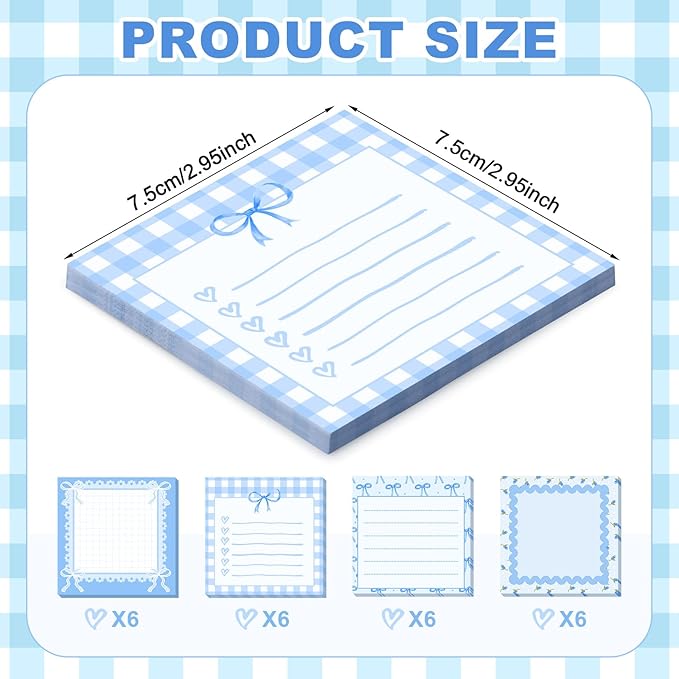 Thenshop 24 Pad/720 Sheets Coquette Bow Sticky Notes 3 x 3 Inch Cute Bow Sticky Note Pads Coquette Stuff Ribbon Notebook Memo Pads School Supplies for Women Party Favors(Blue)