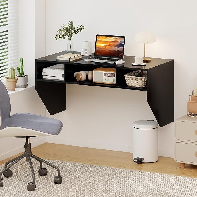 Giantex Wall-Mounted Computer Desk, Floating Laptop Desk with 3 Storage Compartments, Space-Saving Home Office Workstation Vanity Table for Bedroom, Study, Living Room (Black)