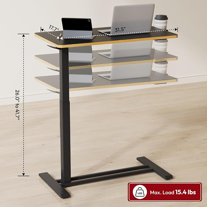SANODESK 32'' Mobile Standing Desk with Hidden Wheels,Pneumatic Laptop Desk | Computer Cart Movable Height Adjustable Table Small Sit Stand Desk for Home Office Hospital Use,31.5" W x 17.7" D,Black Maple