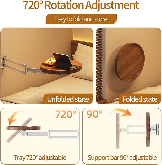Wall Mounted Folding Round Table,11Inch Small Foldable Retractable Wooden Coffee Table Tray Fold Down Wall Desk Flip-Out Design Nightstand for Bedroom Living Room Balcony (Brown)