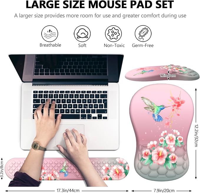 Mouse Pad Wrist Support, Laokiiy 2 in1 Keyboard Wrist Rest+ Ergonomic Mouse Pad, Non-Slip Wrist Rest for Computer Keyboard, Made Easy Typing & Relieve Wrist Pain(Bird Pink)