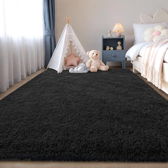 Zentavio Black Area Rugs for Living Room Bedroom 4x6 Men Room Carpet Fluffy Furry Shag Aesthetic Plush High Pile Floor Rug for Nursery Kids Room Dorm Home Decor