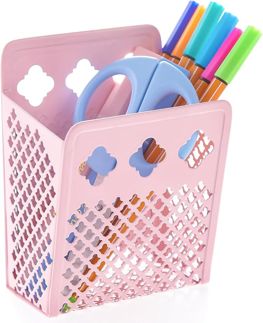 Magnetic Pen Holder, Mesh Metal Strong Magnet Dry Erase Marker Holder Pencil Organizer Small Items Basket for Refrigerator, Whiteboard, Locker Accessories-Pink