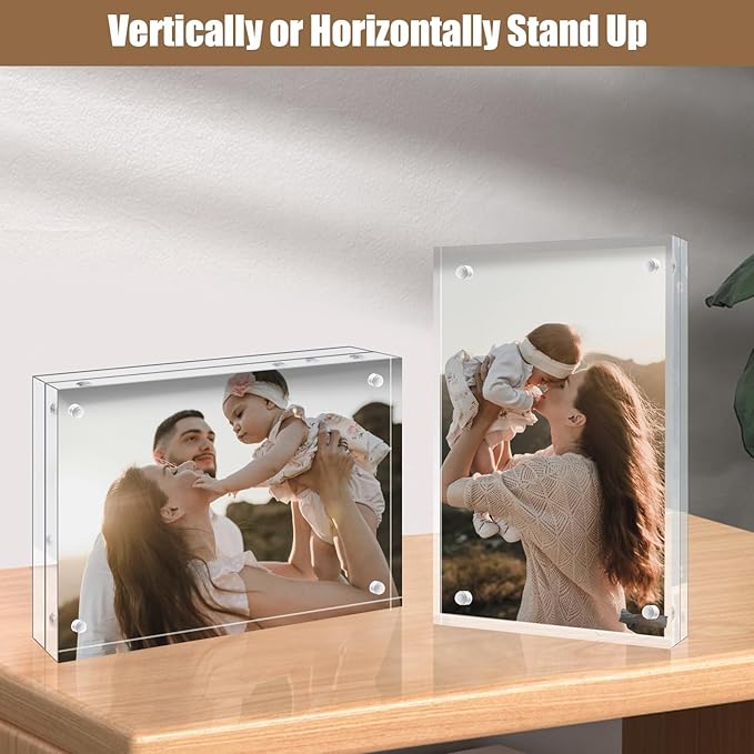 Egofine 5x7 Acrylic Frames 3 Pack, 20mm Thicker Frameless Clear Picture Frames, Double Sided Magnetic Picture Frames, Free Standing Desktop Display