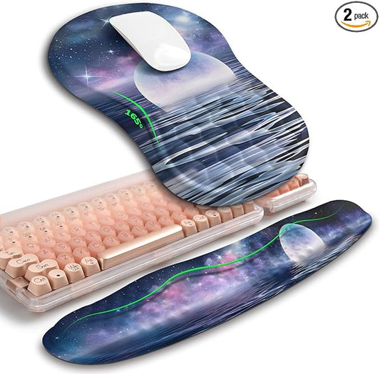 Hokafenle 2in1 Combination, Wave Keyboard Wrist Rest and Ergonomic Curvature Mouse Pad Wrist Support for Relieve Wrist Pain, Filled with Soft Cushion Memory Foam, Moonlit Starry Sea