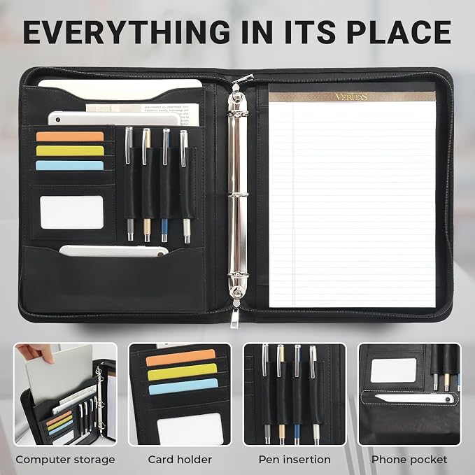 Faux Leather Zippered Padfolio with 3 Ring Binder, Executive Portfolio Organizer Binder, Fits 13.9" Laptop/Tablet, Refillable Writing Pad Pocket, Black